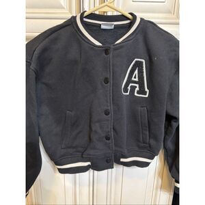 Zara Kids Girls Applique Button Front Varsity Bomber Jacket Black Size 9-10